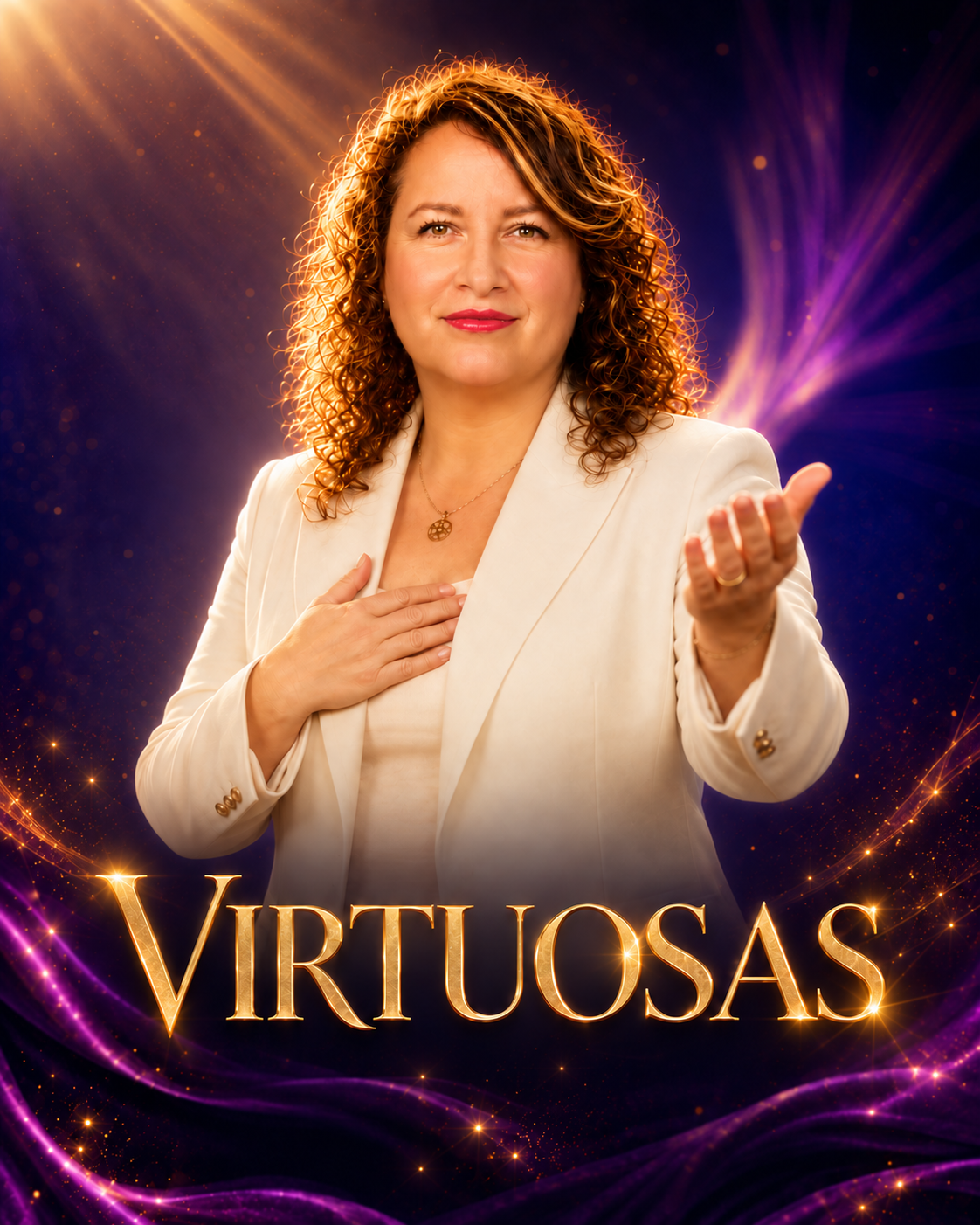 Carla Oneto con chaqueta marfil y el título Virtuosas en letras doradas
