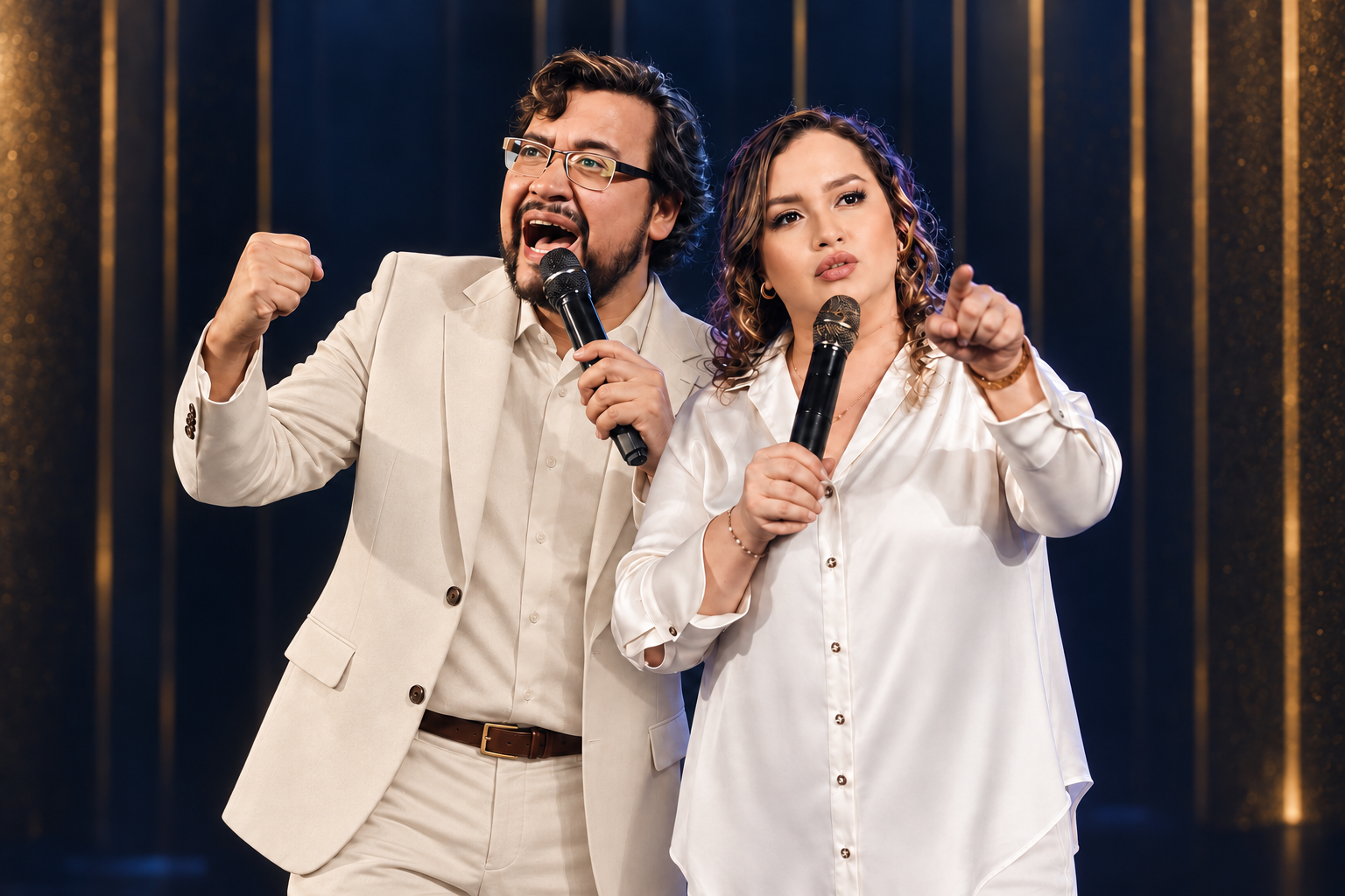 Danilo Oneto con traje beige pastel y Carla Oneto con blusa blanca, juntos sobre un fondo azul noche y dorado